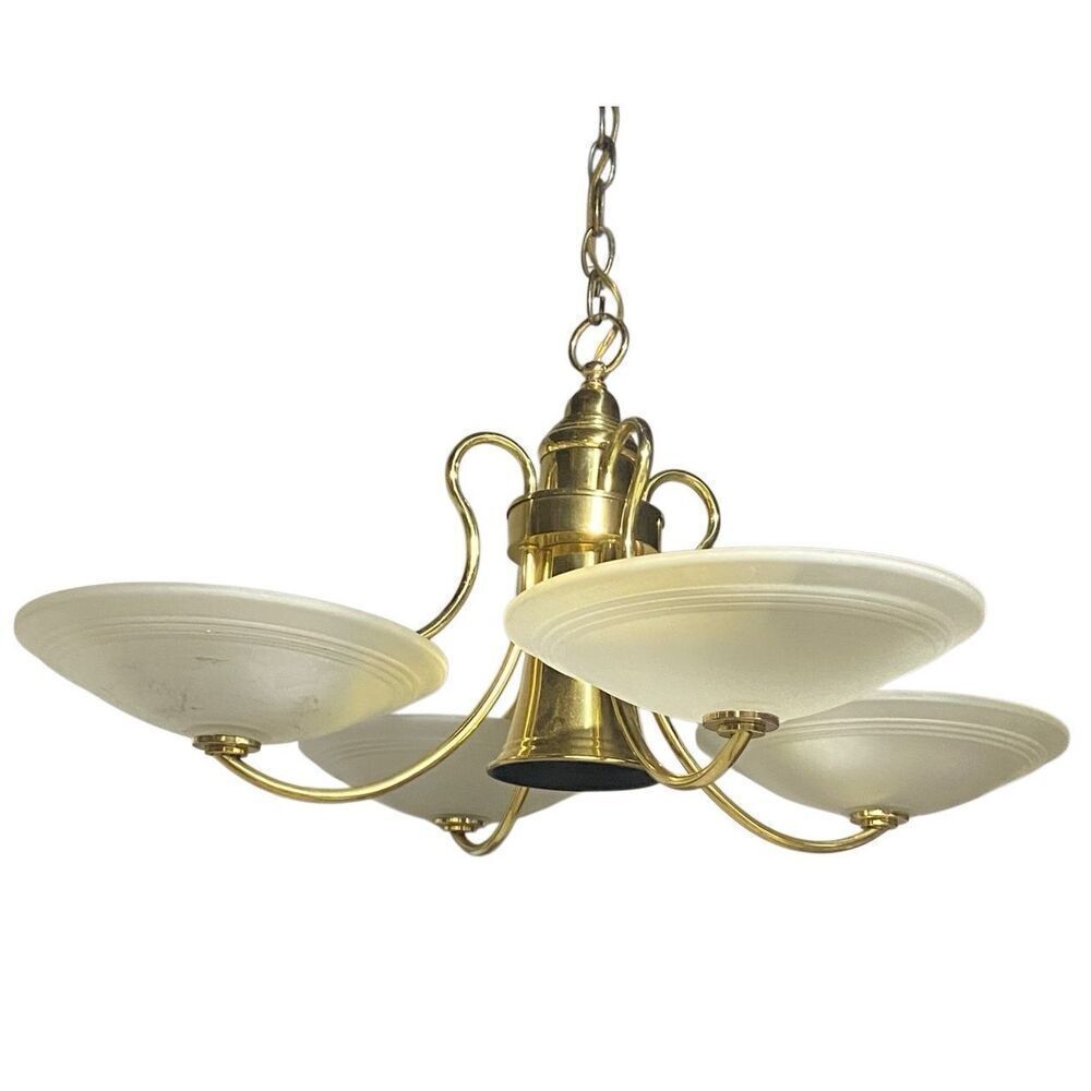 Vintage Danish Modern Brass and Frosted Glass Chandelier Light